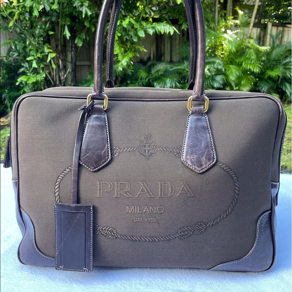 Prada Logo Dark Brown Jacquard Canvas & Leather Tote